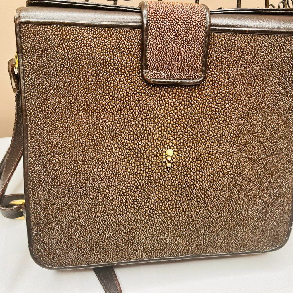 Genuine Stingray Leather Crossbody Bag Made in Italy Exotic Luxury Gold Brown - Picture 6 of 12
